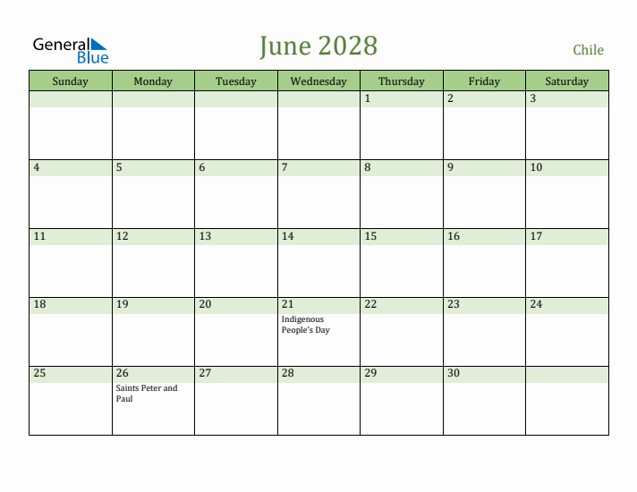 June 2028 Calendar with Chile Holidays