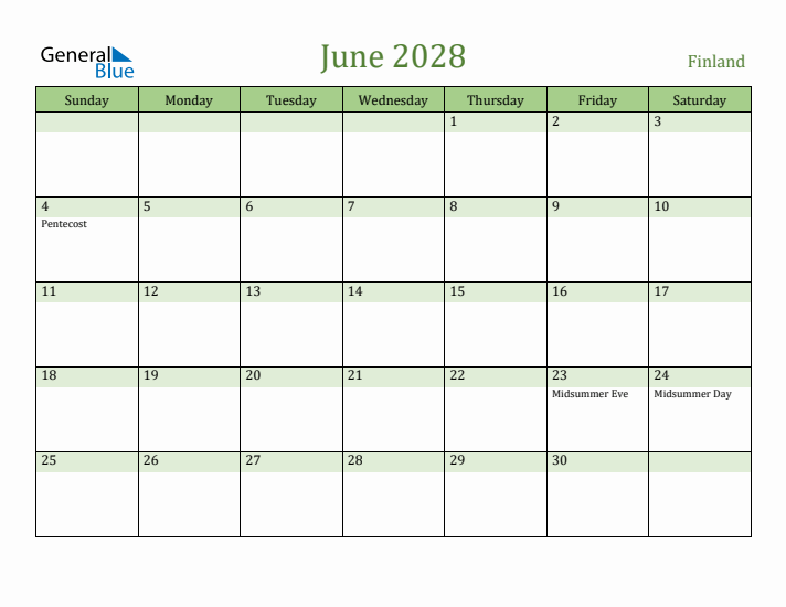 June 2028 Calendar with Finland Holidays