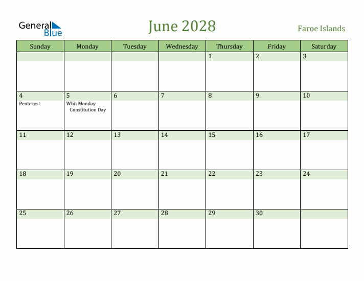 June 2028 Calendar with Faroe Islands Holidays