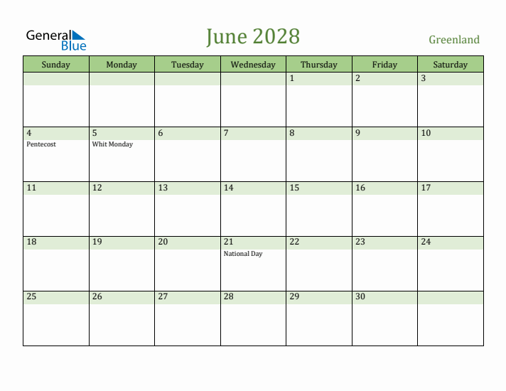 June 2028 Calendar with Greenland Holidays