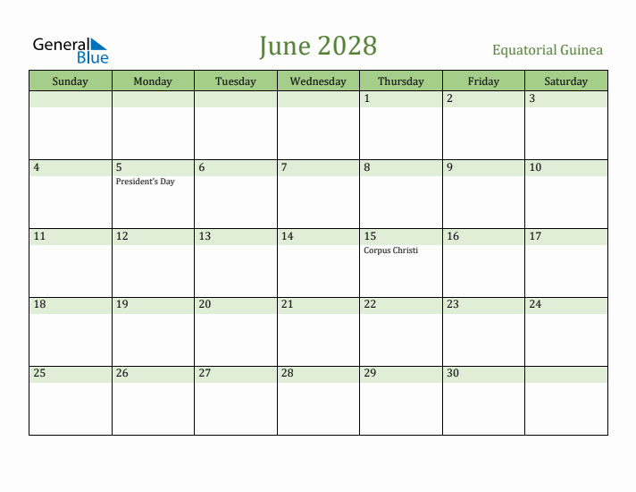 June 2028 Calendar with Equatorial Guinea Holidays