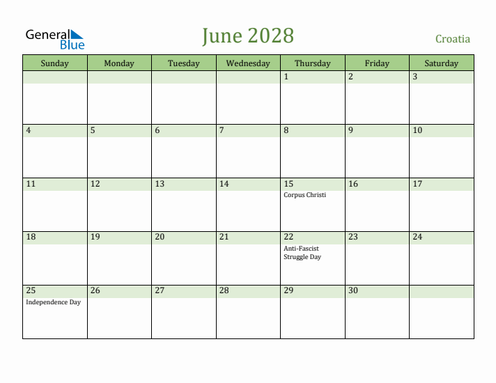 June 2028 Calendar with Croatia Holidays