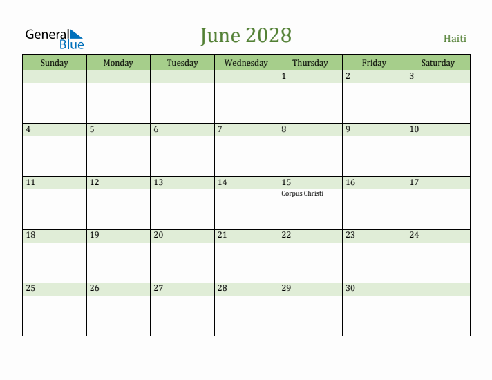 June 2028 Calendar with Haiti Holidays