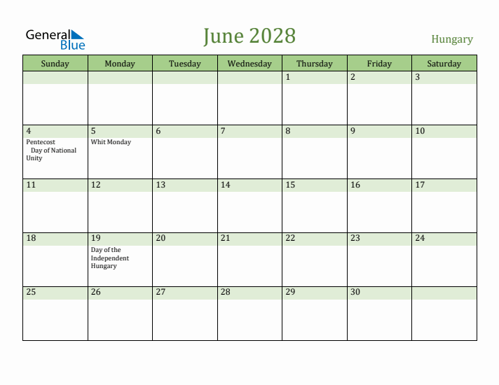 June 2028 Calendar with Hungary Holidays