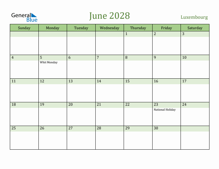 June 2028 Calendar with Luxembourg Holidays