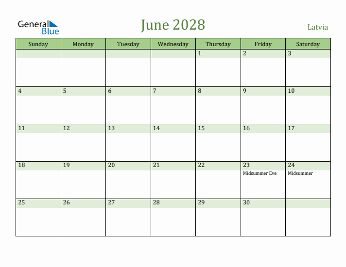 June 2028 Calendar with Latvia Holidays