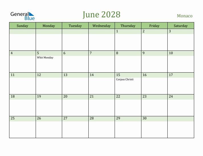 June 2028 Calendar with Monaco Holidays