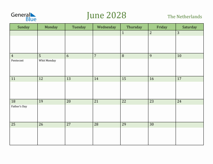 June 2028 Calendar with The Netherlands Holidays