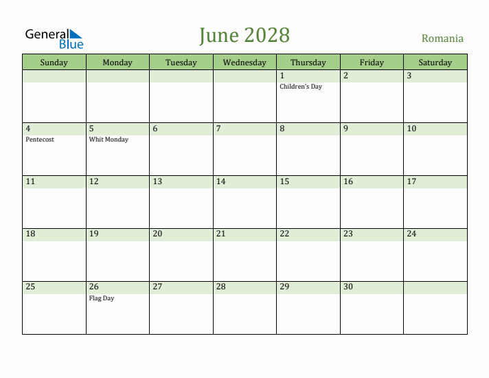 June 2028 Calendar with Romania Holidays