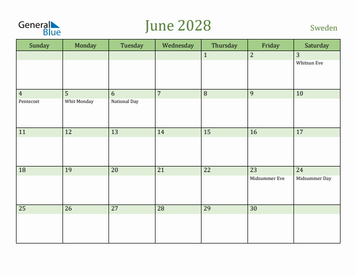 June 2028 Calendar with Sweden Holidays