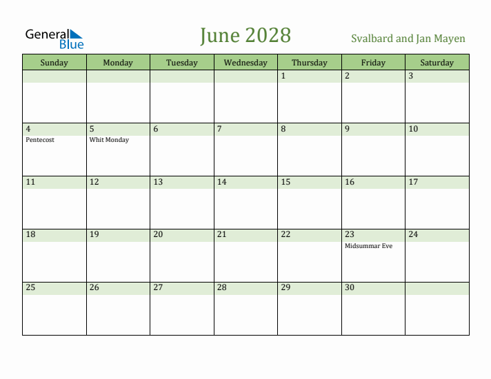 June 2028 Calendar with Svalbard and Jan Mayen Holidays