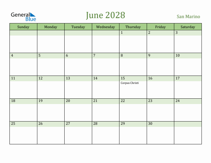 June 2028 Calendar with San Marino Holidays