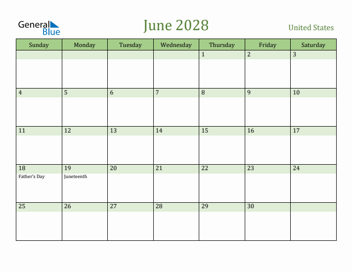 June 2028 Calendar with United States Holidays