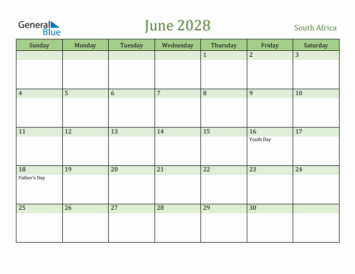 June 2028 Calendar with South Africa Holidays