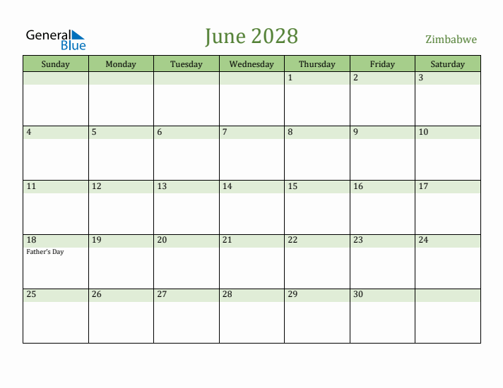 June 2028 Calendar with Zimbabwe Holidays