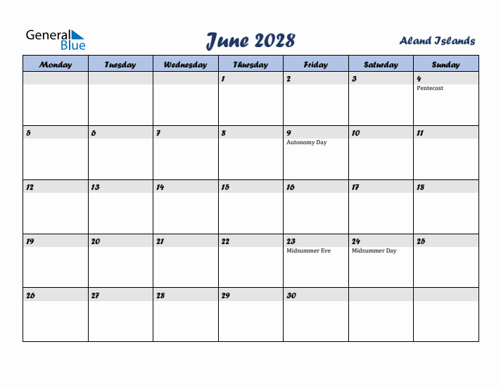 June 2028 Calendar with Holidays in Aland Islands