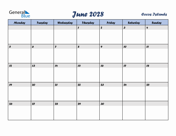 June 2028 Calendar with Holidays in Cocos Islands