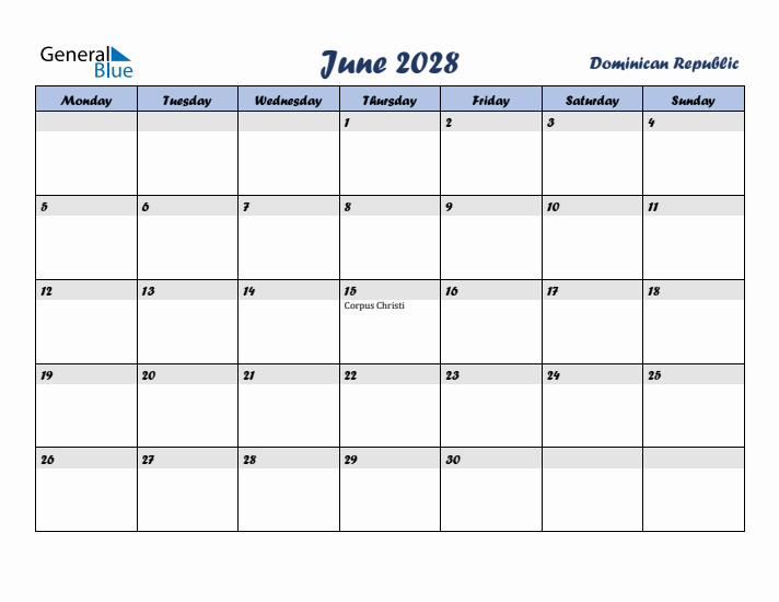 June 2028 Calendar with Holidays in Dominican Republic