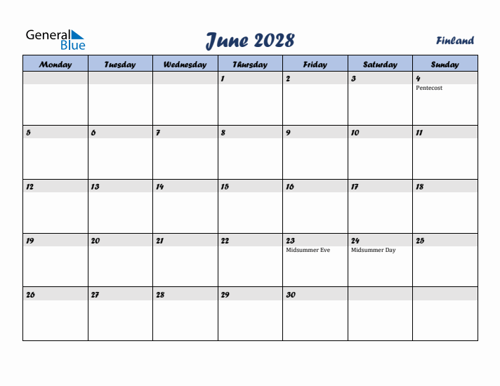 June 2028 Calendar with Holidays in Finland