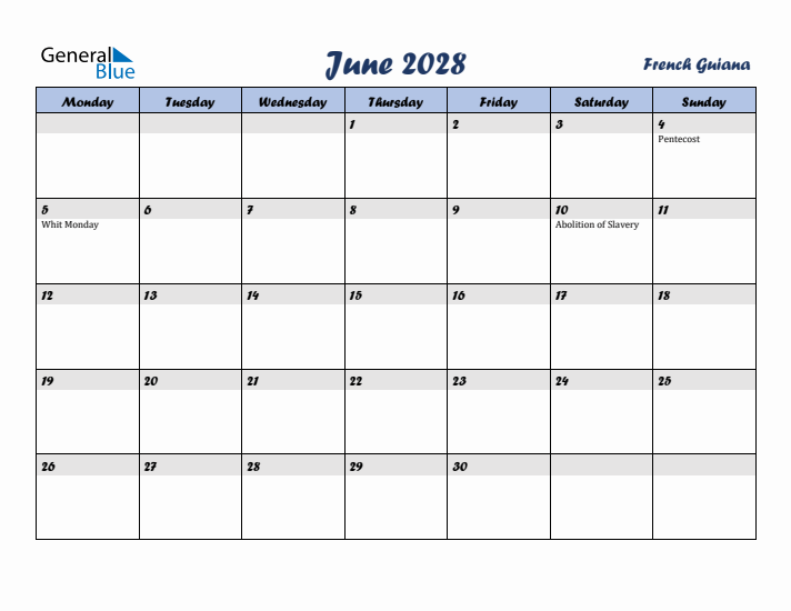 June 2028 Calendar with Holidays in French Guiana