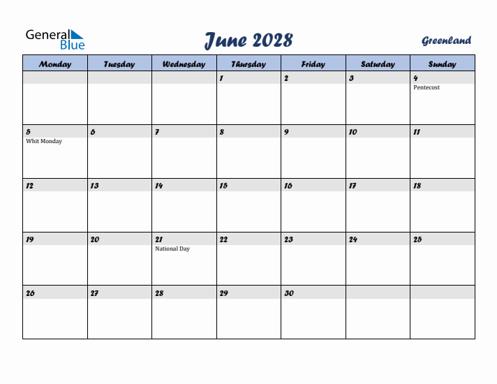 June 2028 Calendar with Holidays in Greenland