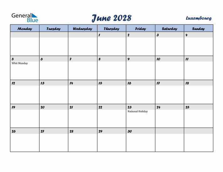 June 2028 Calendar with Holidays in Luxembourg