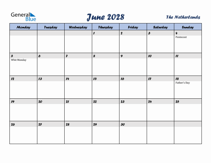 June 2028 Calendar with Holidays in The Netherlands