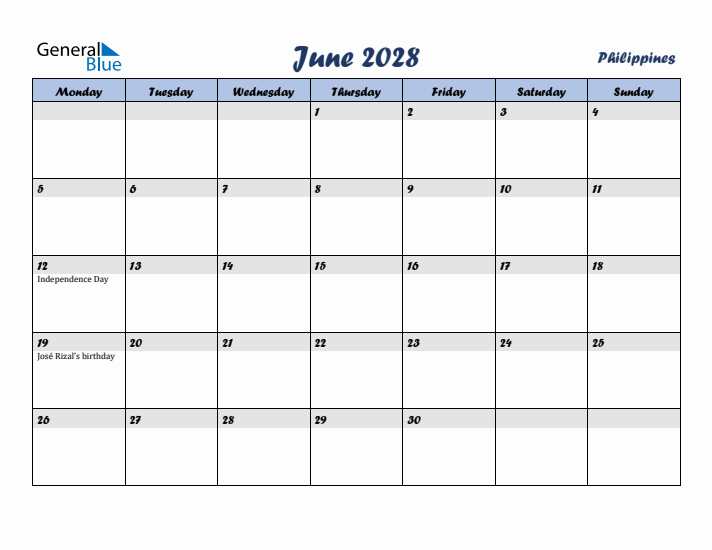 June 2028 Calendar with Holidays in Philippines