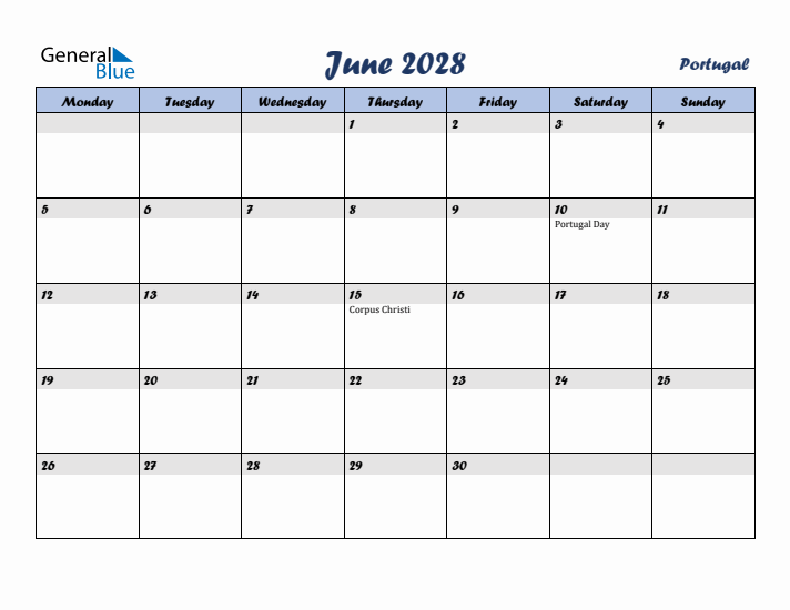 June 2028 Calendar with Holidays in Portugal