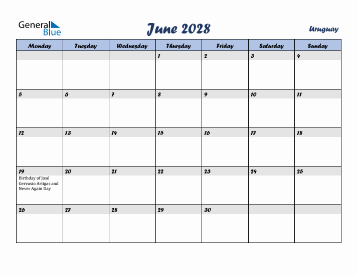 June 2028 Calendar with Holidays in Uruguay