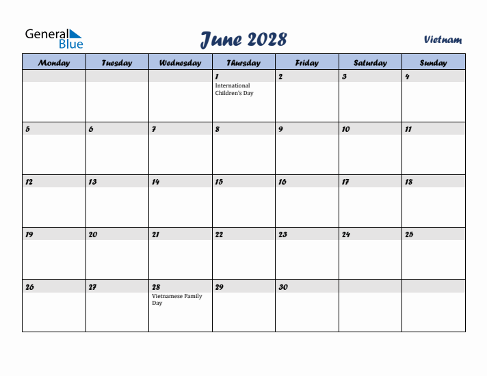 June 2028 Calendar with Holidays in Vietnam