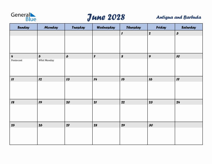 June 2028 Calendar with Holidays in Antigua and Barbuda