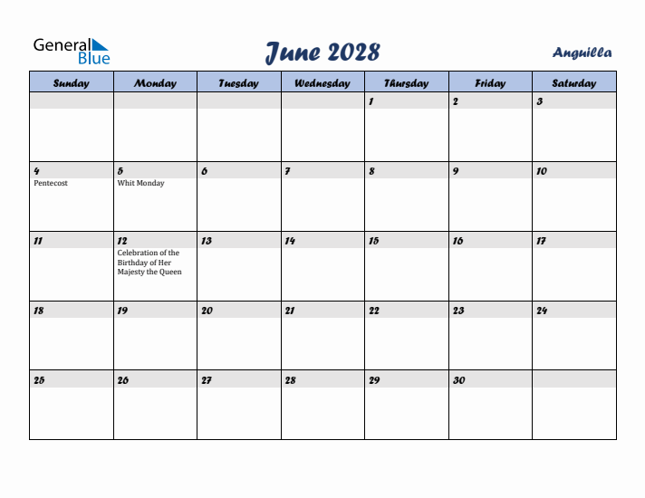 June 2028 Calendar with Holidays in Anguilla