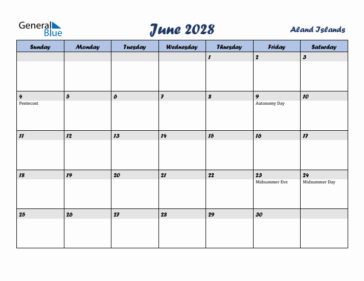 June 2028 Calendar with Holidays in Aland Islands