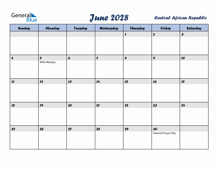 June 2028 Calendar with Holidays in Central African Republic