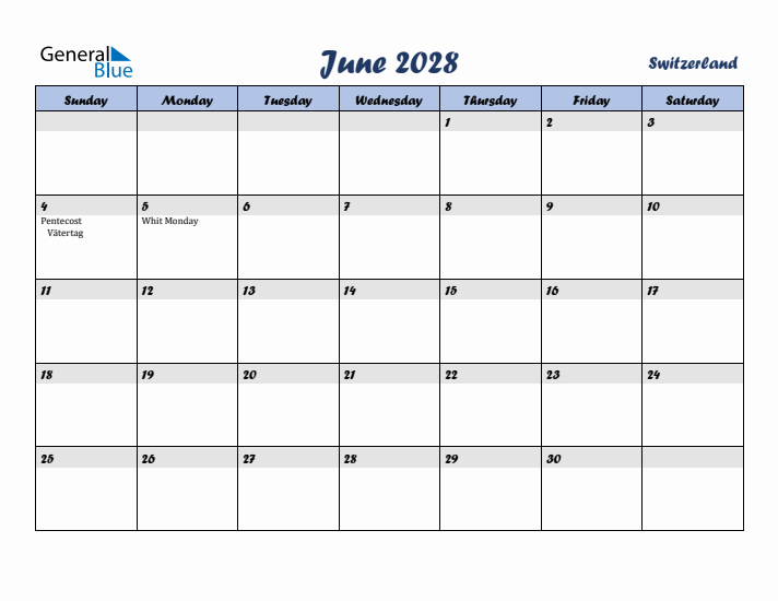 June 2028 Calendar with Holidays in Switzerland