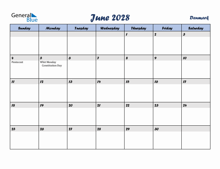 June 2028 Calendar with Holidays in Denmark