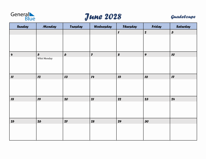 June 2028 Calendar with Holidays in Guadeloupe