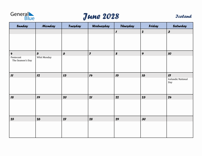 June 2028 Calendar with Holidays in Iceland