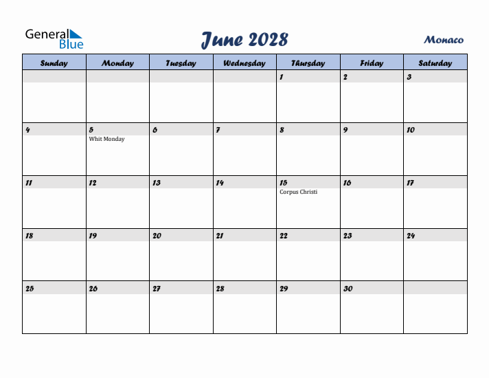 June 2028 Calendar with Holidays in Monaco