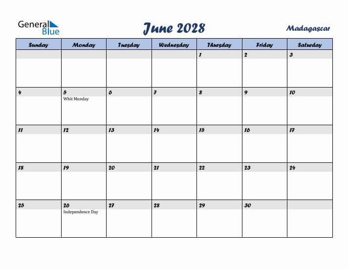 June 2028 Calendar with Holidays in Madagascar