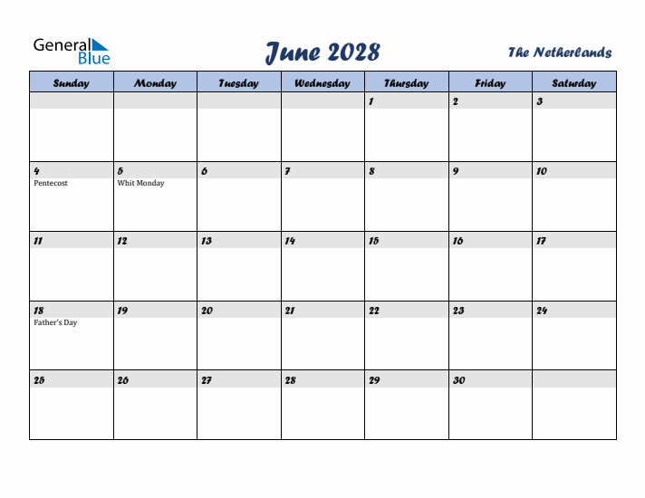 June 2028 Calendar with Holidays in The Netherlands