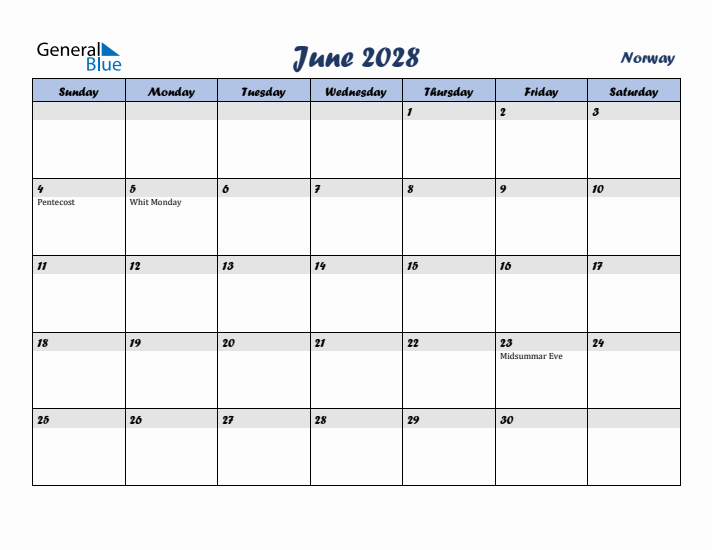 June 2028 Calendar with Holidays in Norway