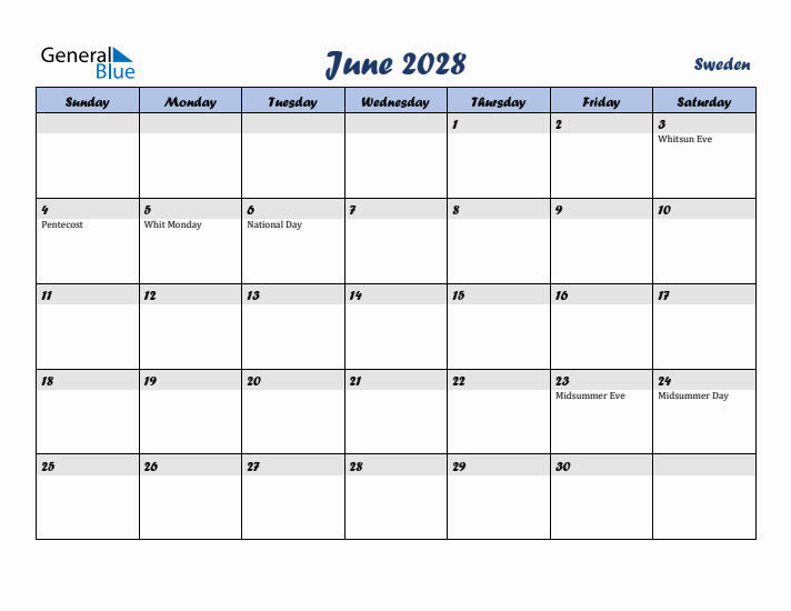 June 2028 Calendar with Holidays in Sweden