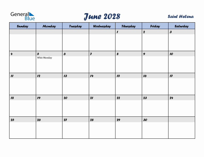 June 2028 Calendar with Holidays in Saint Helena