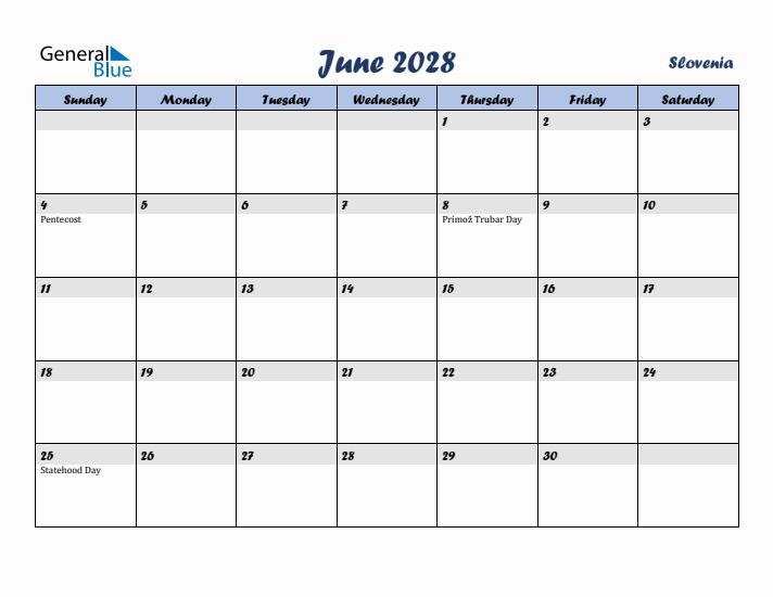 June 2028 Calendar with Holidays in Slovenia