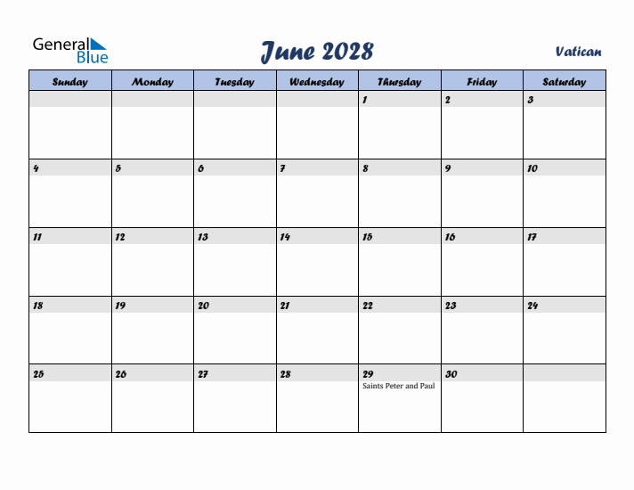 June 2028 Calendar with Holidays in Vatican