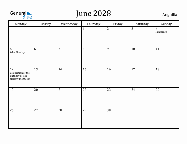 June 2028 Calendar Anguilla