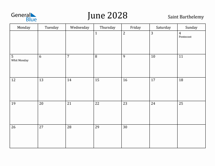 June 2028 Calendar Saint Barthelemy