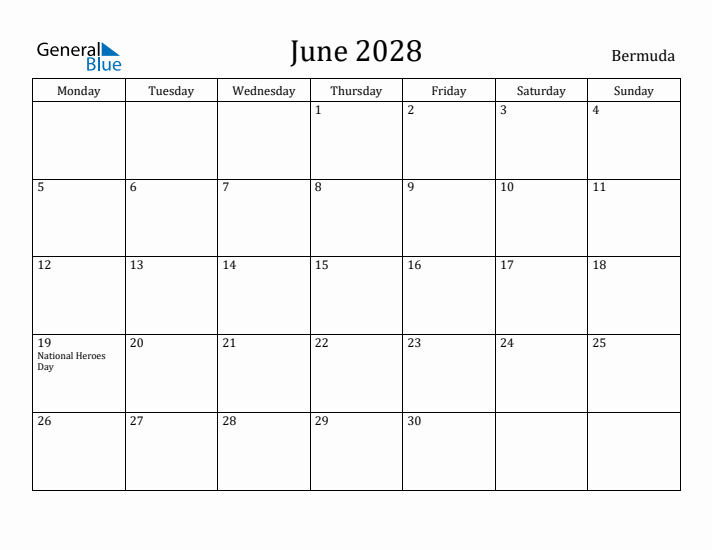 June 2028 Calendar Bermuda